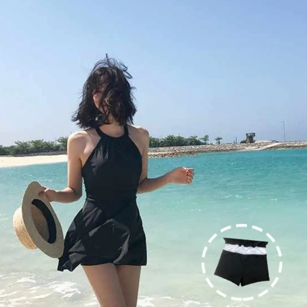 

Sweet Slim Fit Backless Skirt Swimsuit Sleeveless Beachwear Hot Spring Swimwear Pleated Swimwear with Padded Beach