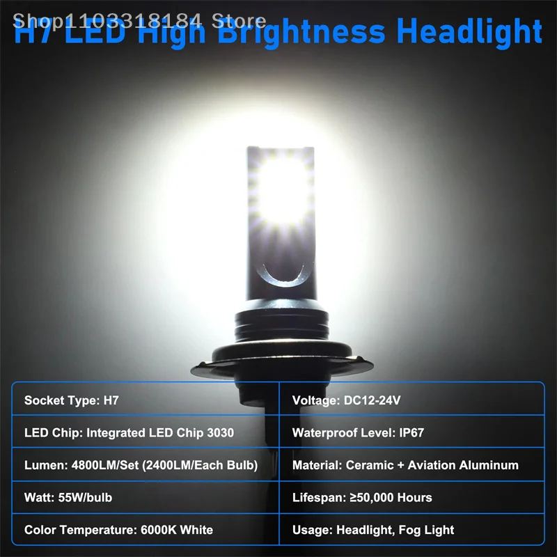 Kit de bombillas LED para faros delanteros H7, luz antiniebla para coche, 110W, luz baja superbrillante, 6000K, resistente al agua, superbrillante, accesorio para vehículo, 2 uds.