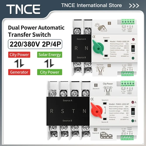 Imagen 1 del producto Interruptor de Transferencia Automática (ATS) de Doble Alimentación TNCE para Riel DIN 2P/4P, Selector Eléctrico de Energía Ininterrumpida Monofásico/Trifásico