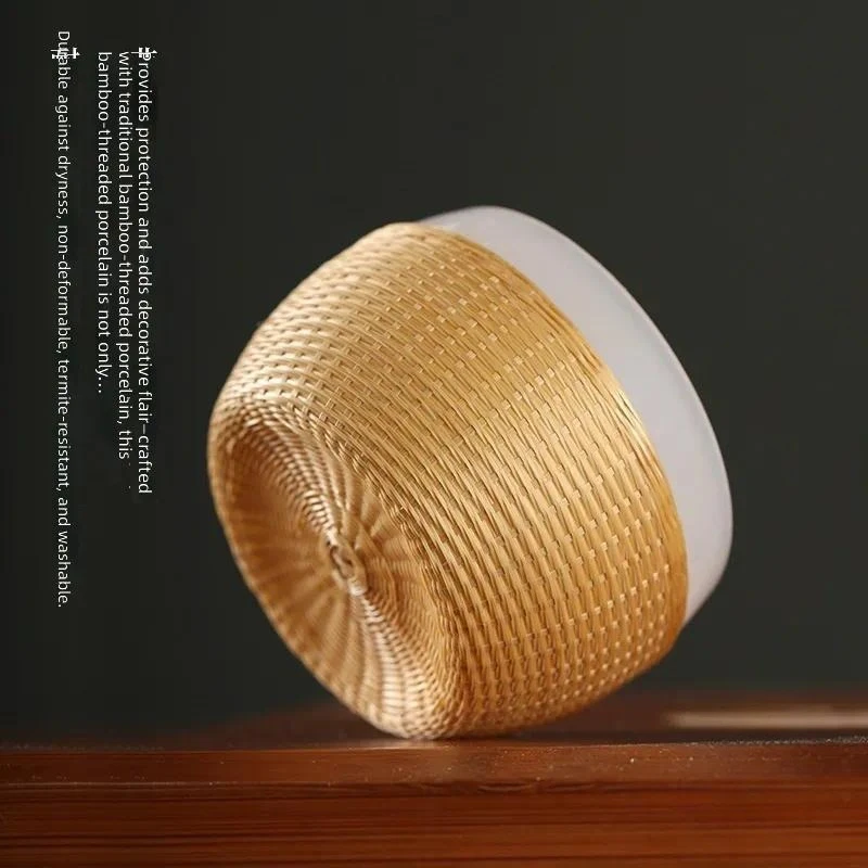 for Intangible Cultural Heritage Handmade Porcelain Teacup with Bamboo Weaving and Silk Buckle Glazed Jade Master Cup