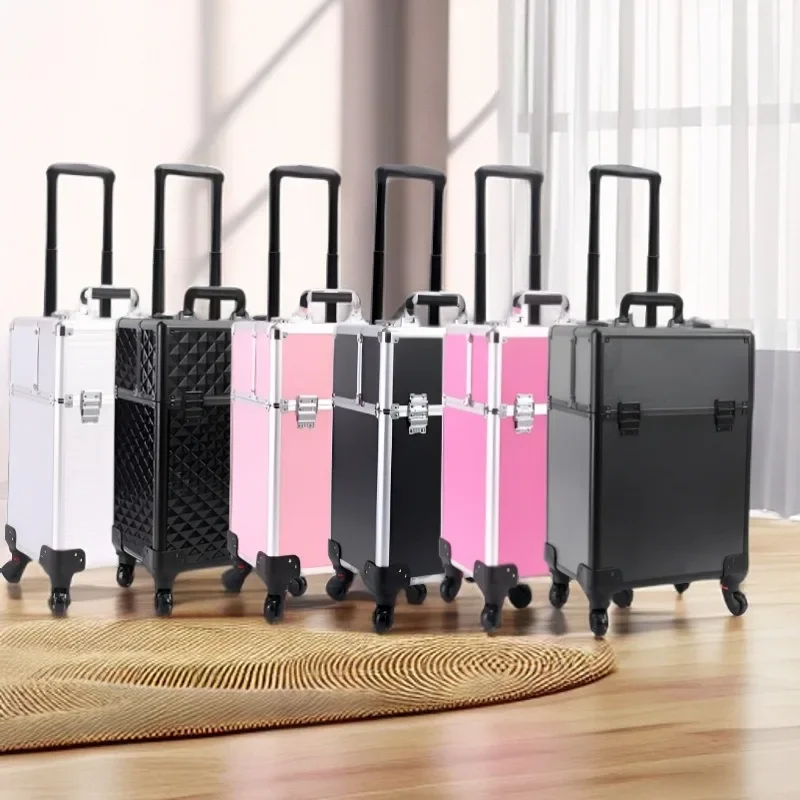Aluminum Alloy Pro Large Capacity Rolling Makeup Chest Storage Toolbox Professional Nail Art Case Organizer Makeup Rolling Case view 2