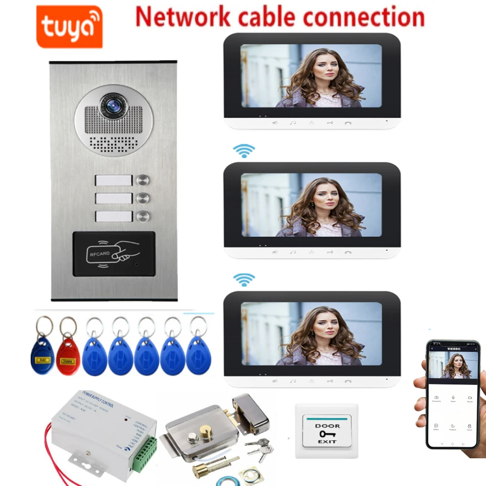 Intercomunicador em casa com bloqueio de controle de acesso RFID para apartamentos, 2 ou 3 botões vídeo porteiro, Tuya 7 no monitor WiFi