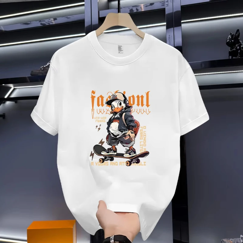 

Новинка лета 2024, хлопковая футболка с короткими рукавами, мужская и женская свободная трендовая футболка с принтом Дональда Дака, уличная модная футболка