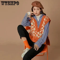 Knit Jacquard Vest V-Neck Orange Women's Sleeveless Top Sweater Underlay Casual Loose Hotsweet American Style Korean Fashion