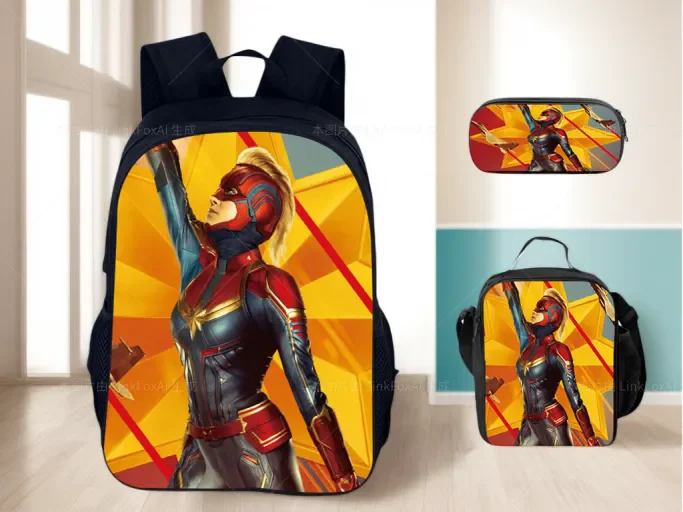 

Captain Marvel Classic Fashion Rucksack+Reusable Lunch Bag+Pencil Case 3Pcs Set,Student Back to School Backpack