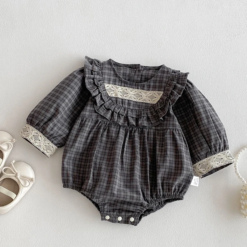 

2025 New Autumn 0-24M Baby Girl Clothing Newborn Baby Girls Bodysuits Long Sleeved Cotton Grid Splice Infant Baby Girls Jumpsuit