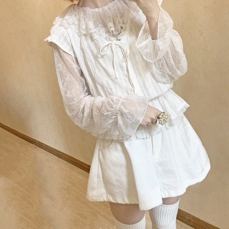 Vintage Sweet Lolita Blouses Women Ruffle Collar Transparent Elegant See-through Bottom Shirt Kawaii Lace Mesh Tops Mujer Summer