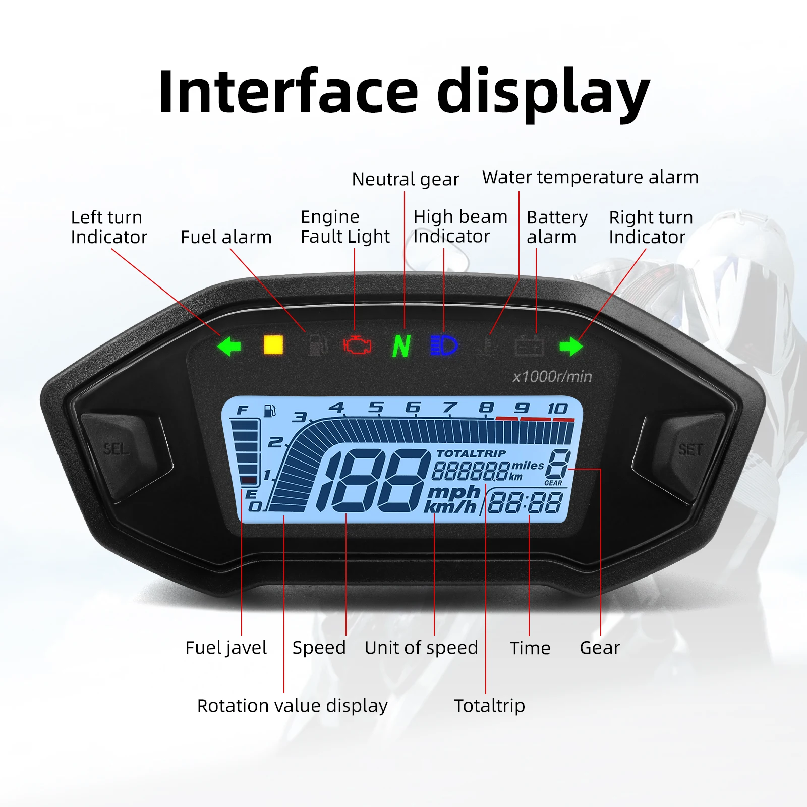 10000RPM Universal Motorcycle 7Color LED Speedometer Digital Motor Instrument Panel Odemeter Tachometer For  2 4 Cylinder Custom