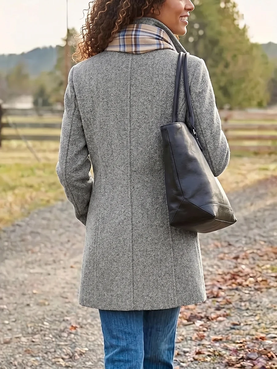 Women Winter Vintage Wool Coat Casual Turn Down Collar Long Sleeve Jacket Elegant Single Breasted Overcoat Outerwear Plus Size
