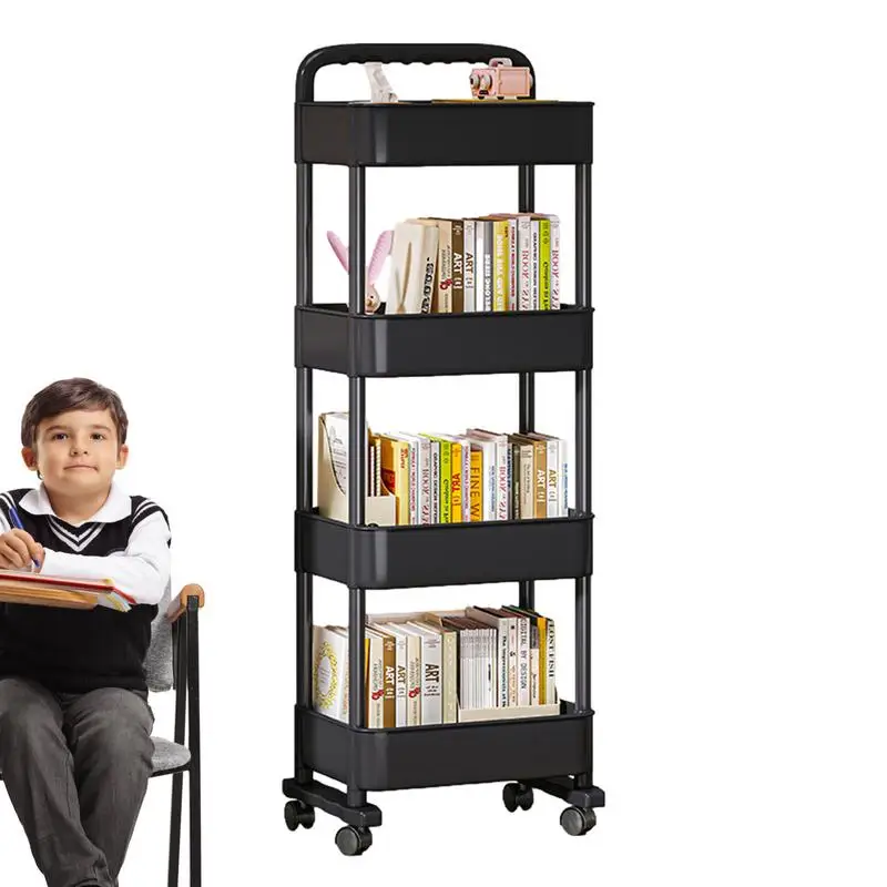 Movable Bookshelf Cart Reusable Rolling Storage Cart Movable Bookshelf for Kitchen, Bedroom, Living Room and Laundry Room