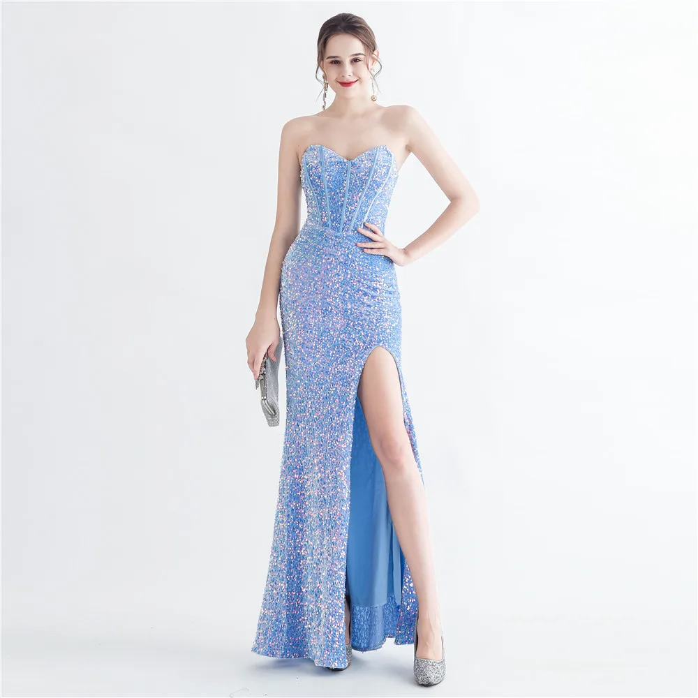 V-Neck Sleeveless Symphony Sequin Back Strap Corset Side Slit Strapless Herringbone Evening Dress