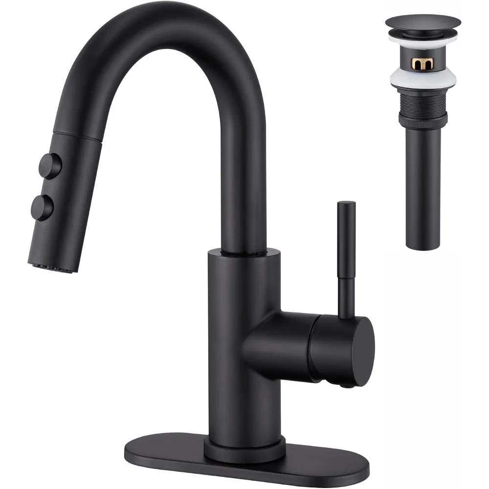 Matte Black Single Handle Pull-Out Faucet with Sprayer and Pop-Up Drain for Bathroom Sink, 1 or 3 Hole Design