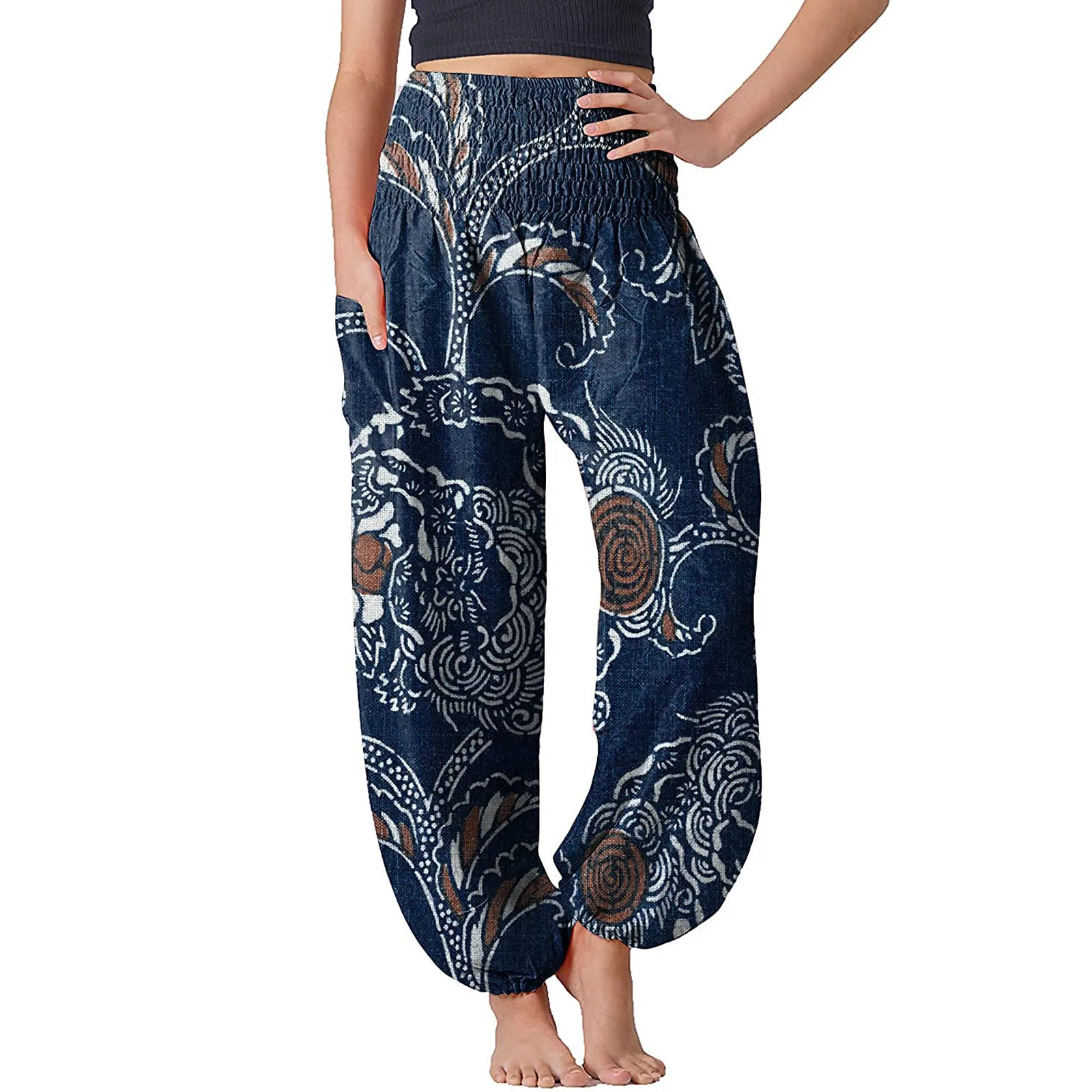 Pantalones bohemios Vintage para mujer, pantalón largo informal de cintura alta con estampado Floral, holgado y recto, para playa y verano