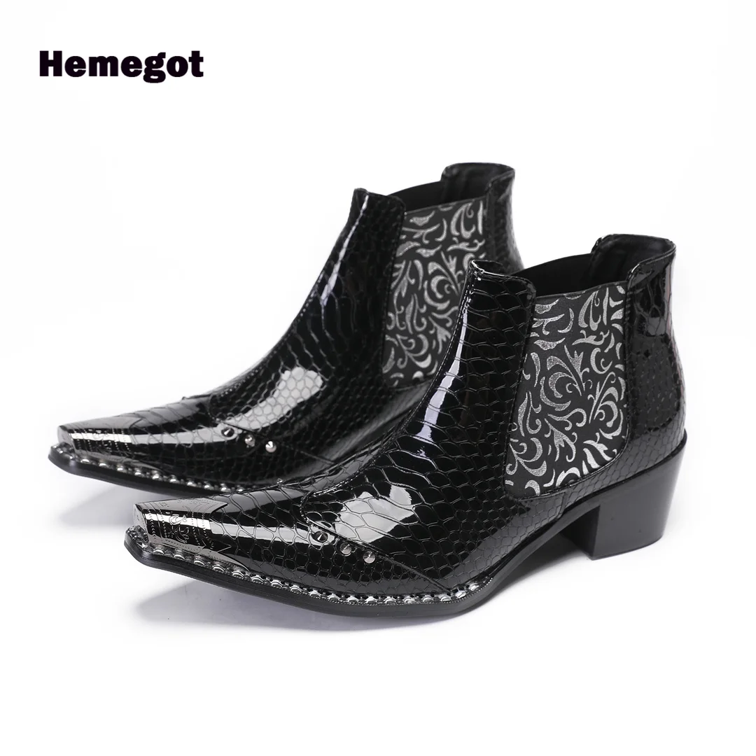 

Black Leather Men Boots Metallic Toe High-Top Elastic Band Outdoor Booties Party Booties Handmade Men Shoes Zapatillas Mujer