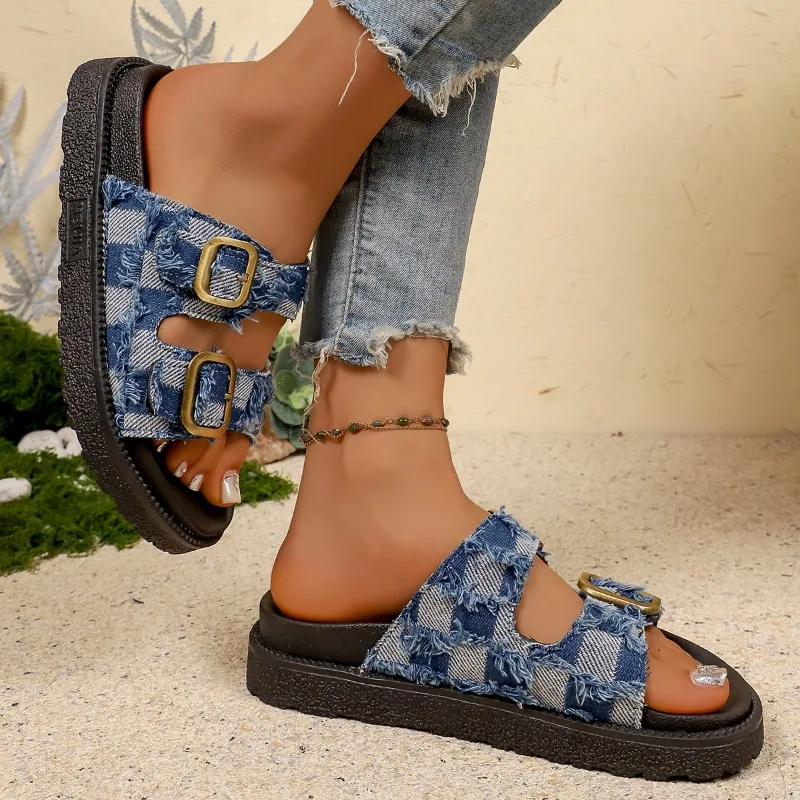 Women's Slippers Fashion Buckle Strap Check Design Casual Flat Sandals Women Summer Open Toe Hollow Comfortable Versatile Shoes view 3