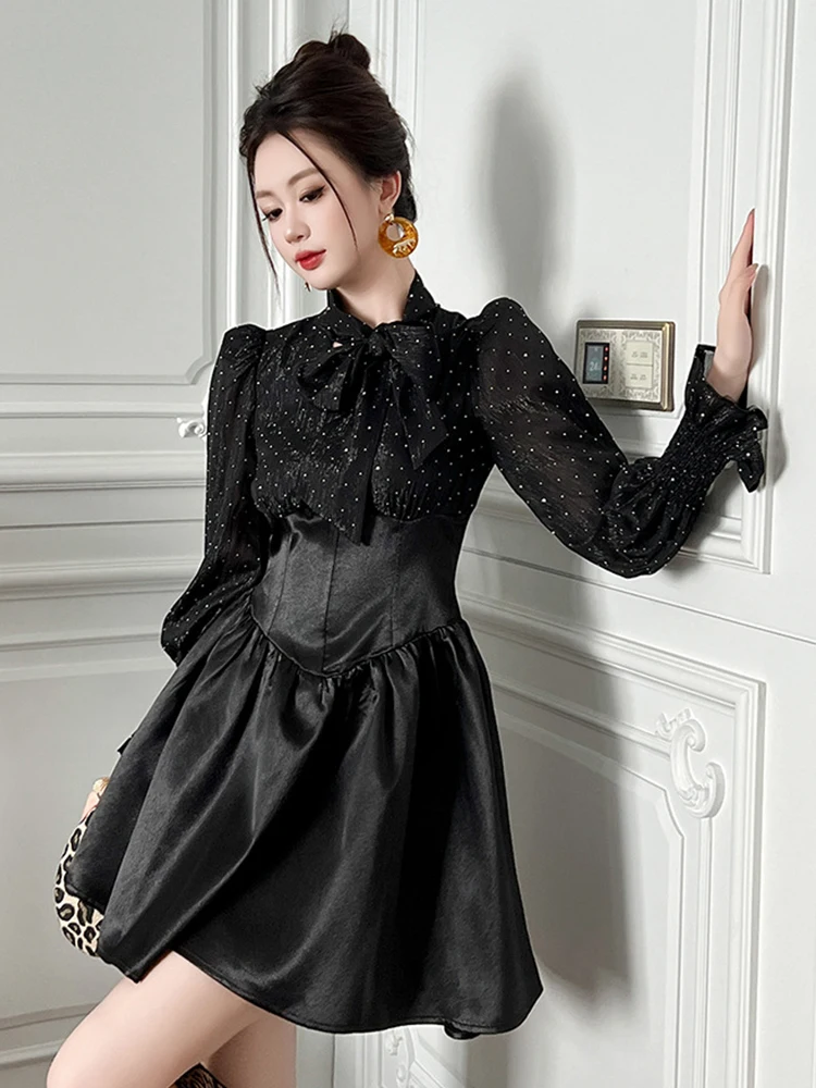 

French Sweet Black Dress for Women Clothes Cute Bright Rhinestone Bandage Bow Pleated Ball Gown Female Party Vestidos Spring
