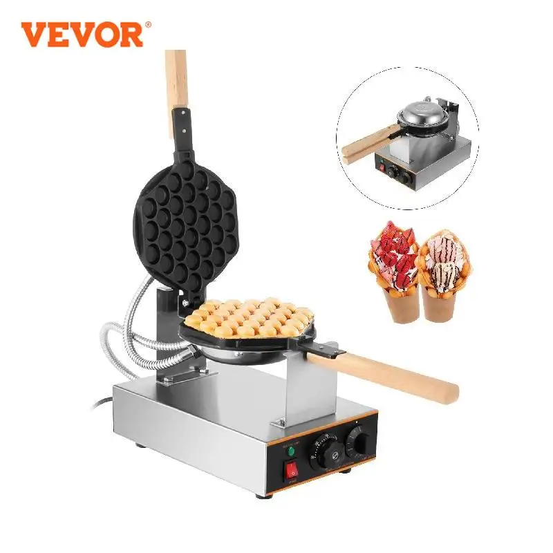 VEVOR Commercial Bubble Waffle Maker with 180° Rotatable 2 Pans & Wooden Handles Egg Bubble Maker Easy to Clean for Home Use