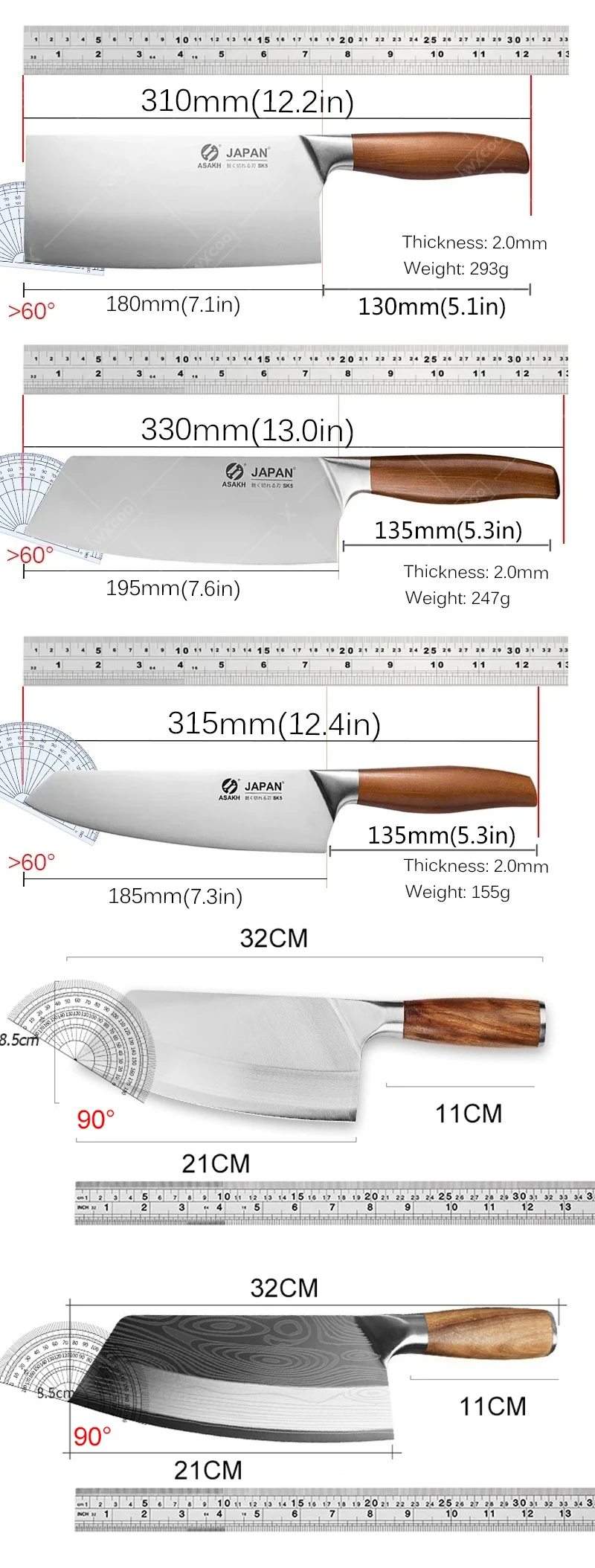 WXCOO High Carbon Meat Chopper Stainless Steel Chopping Cleaver Chinese Kitchen Chef Knife Set Sharp Slicing Knife Meat Cleaver