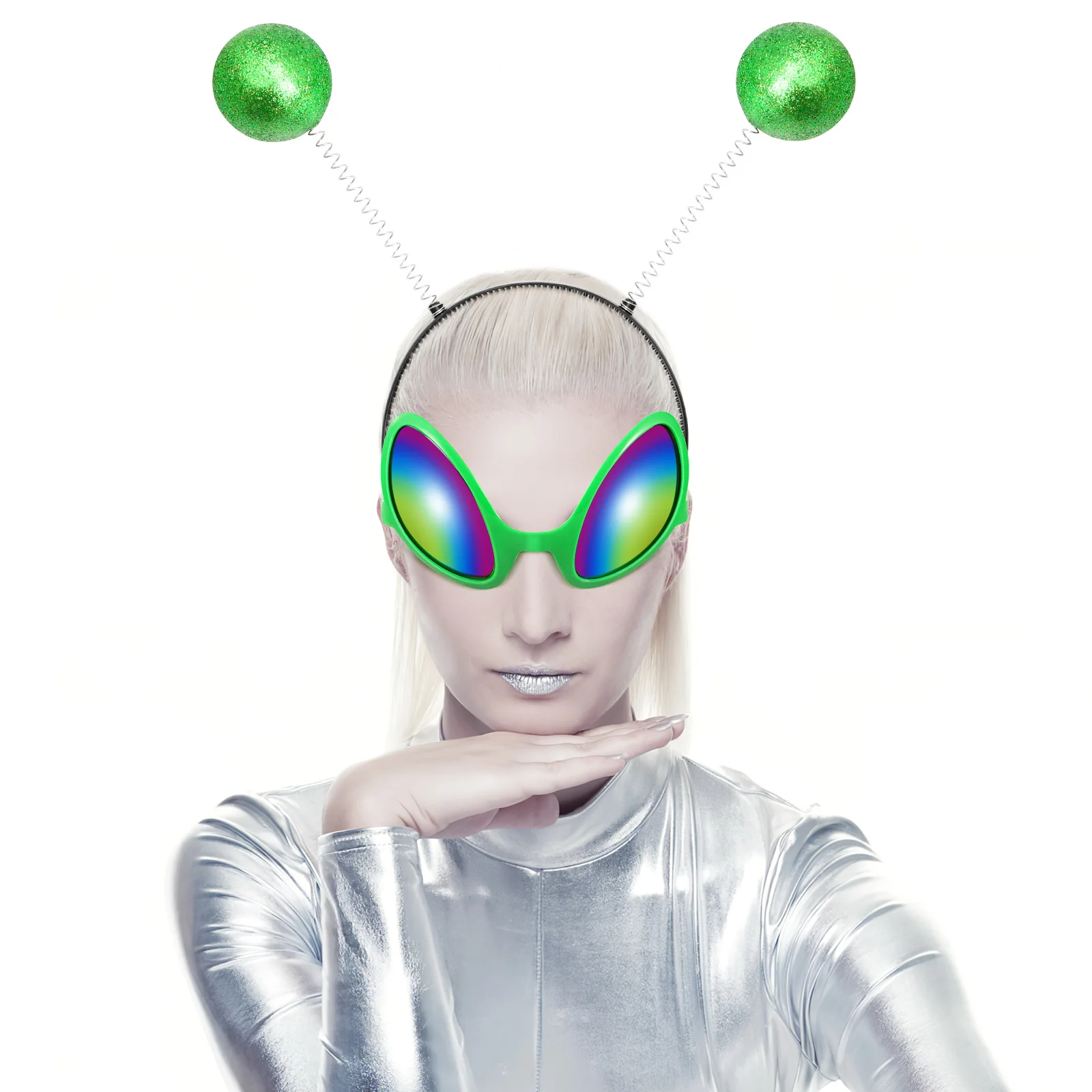 แว่นตาคอสเพลย์สไตล์สีเขียวสำหรับผู้หญิง ชุดแฟนซีธีมอวกาศมาร์เชียน อุปกรณ์เสริมสำหรับงานปาร์ตี้ ลายธงชาติอังกฤษ