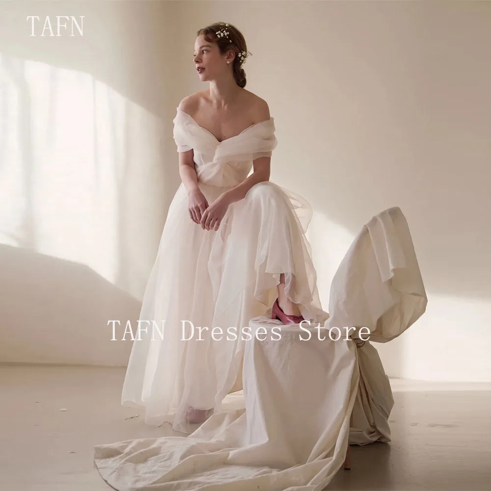 

TAFN 웨딩드레스 Off the Shoulder A-line Draped Wedding Dresses White Soft Tulle Bridal Gown Custom Made