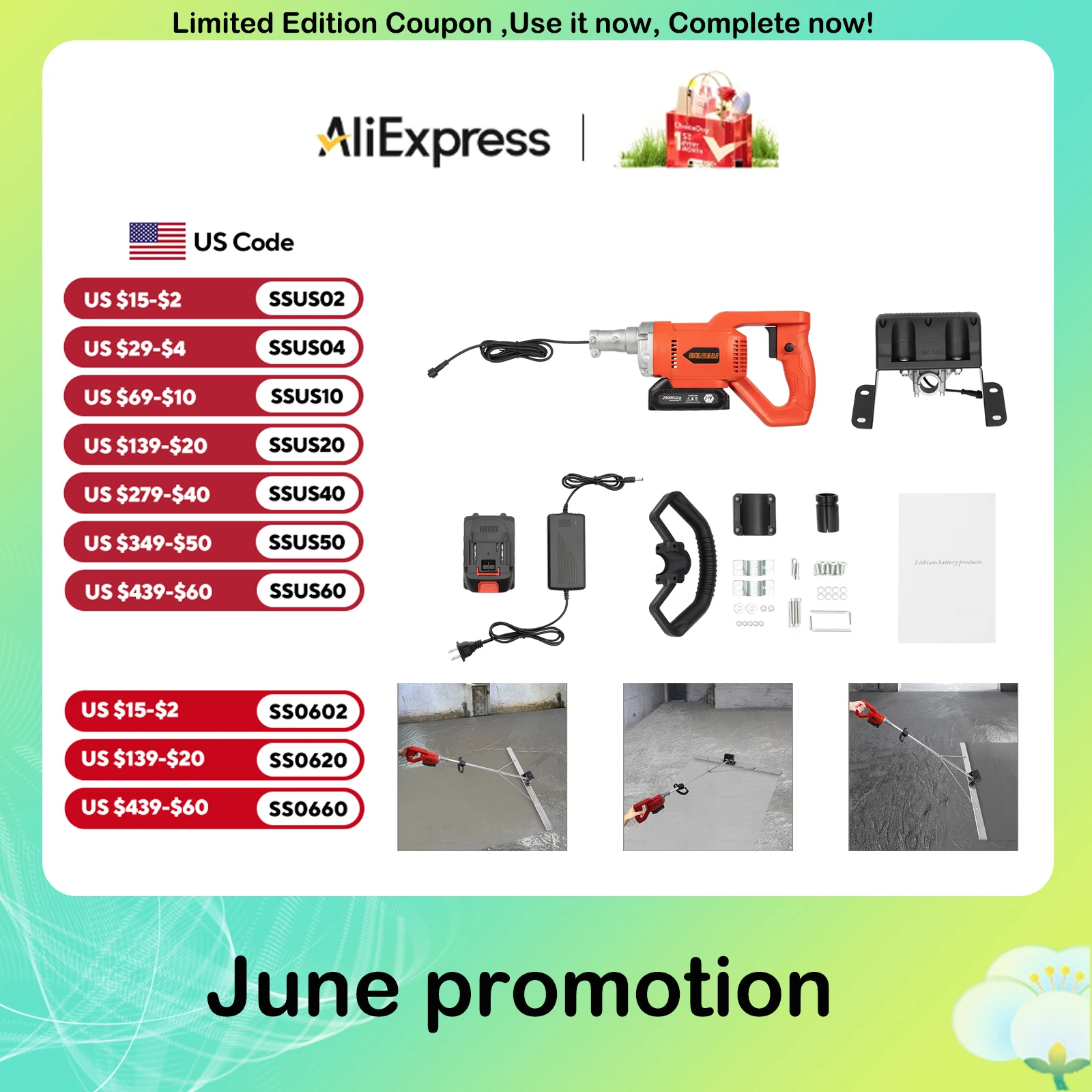 

21V Cordless Concrete Vibratory Screed with 48W Motor 7500mA Battery for Road and Construction Site