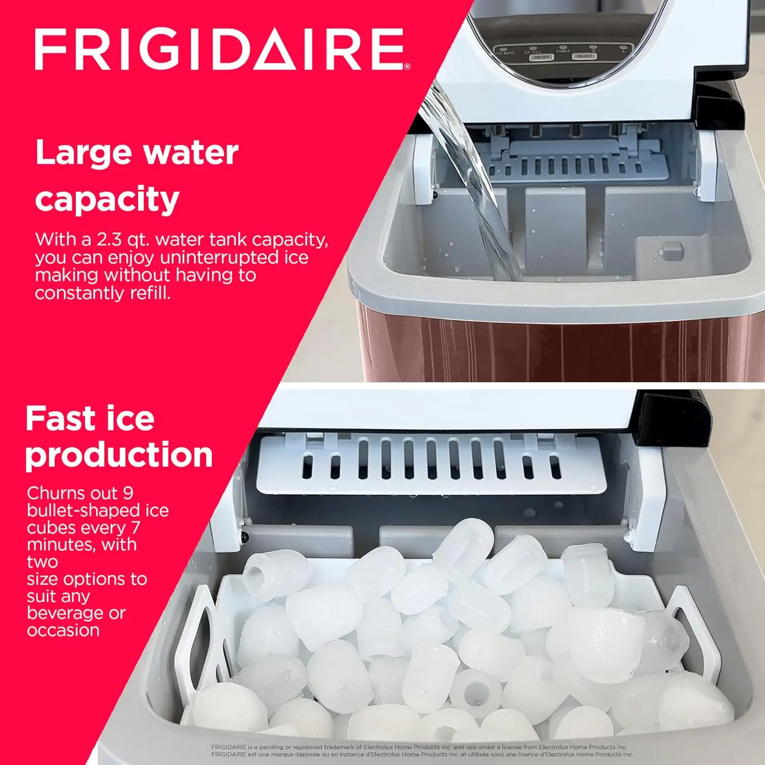 FRIGIDAIRE-Machine à glaçons avec seau en acier inoxydable, capacité de 26 lb, machine à glace, 9 cubes par 7 à 15 apprentis