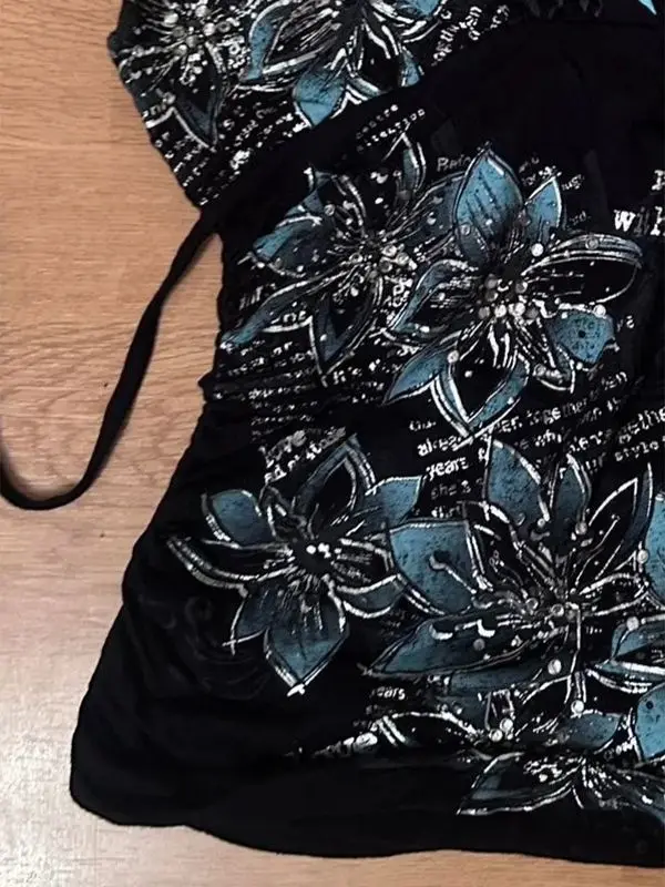 خمر الأسود طباعة المرقعة الشارع الشهير الدبابات النساء الجرونج ضمادة الجنية بروتيل الصيف Harajuku مثير Y2k الجمالية تانك القمم