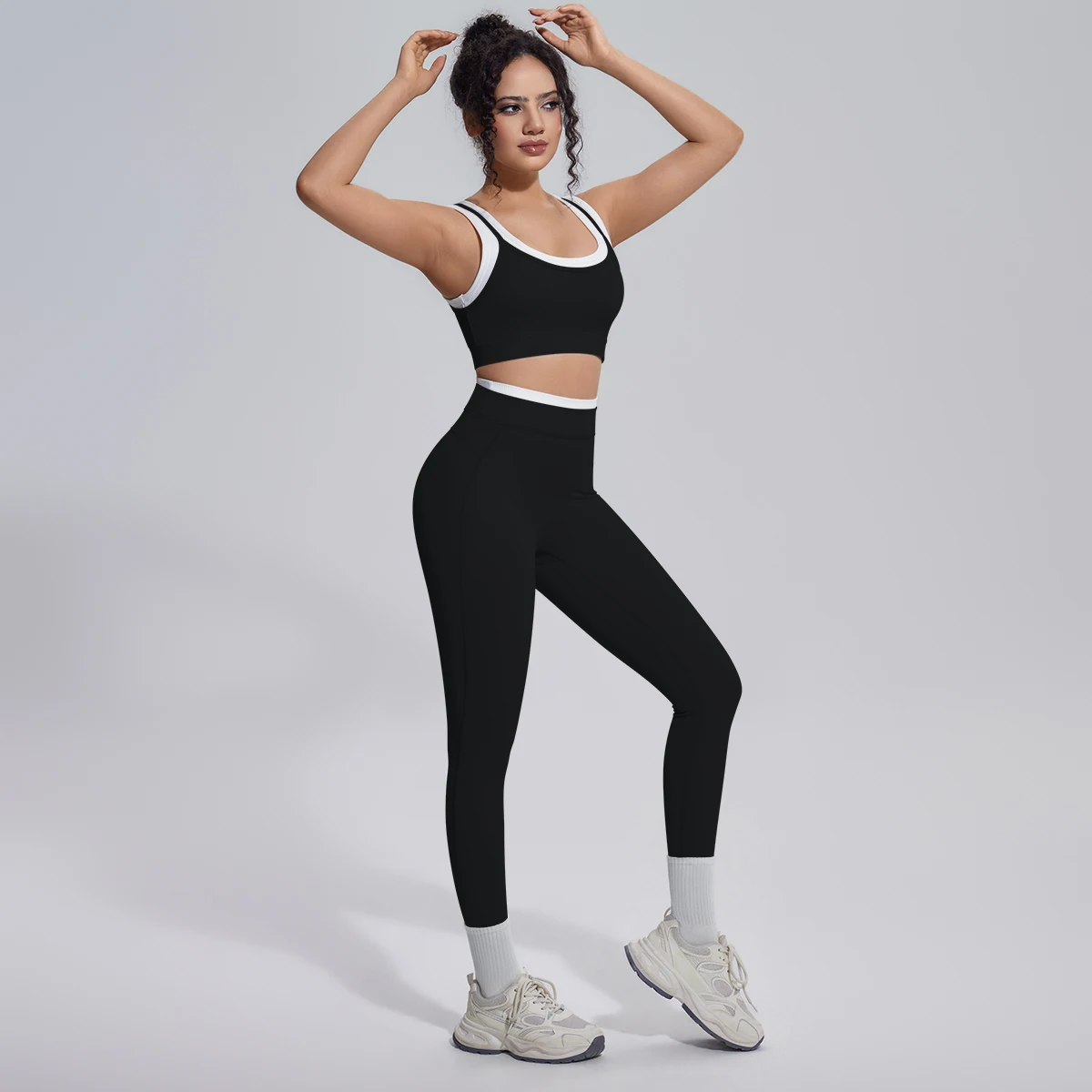 Rooftrellen 2-teiliges Yoga-Set für Damen, sexy Sport-BH, Yoga-Top mit Brustpolster, Farbblock-Design, Yoga-Hose mit Po-Formung, Damen-Fitness-Set – Detail 6