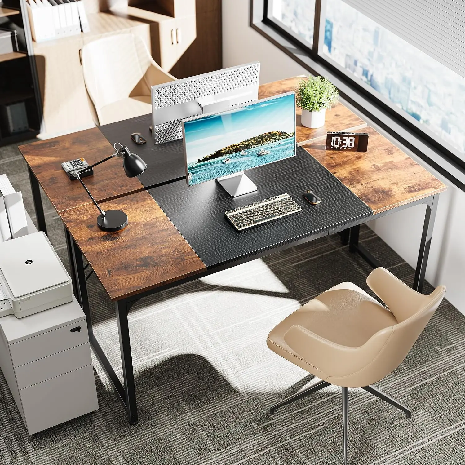 Computer Desk, 63 Inch Office Gaming Desk with Storage, Writing Work Desk for Home Office Study, Rustic Brown and Black