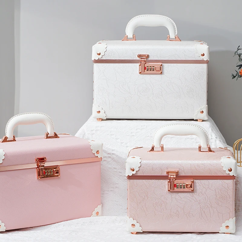 Portable Vintage Password Makeup Box Storage Large Capacity Double Leather Suitcase Cute Cosmetics Luggage Bag with Mirror