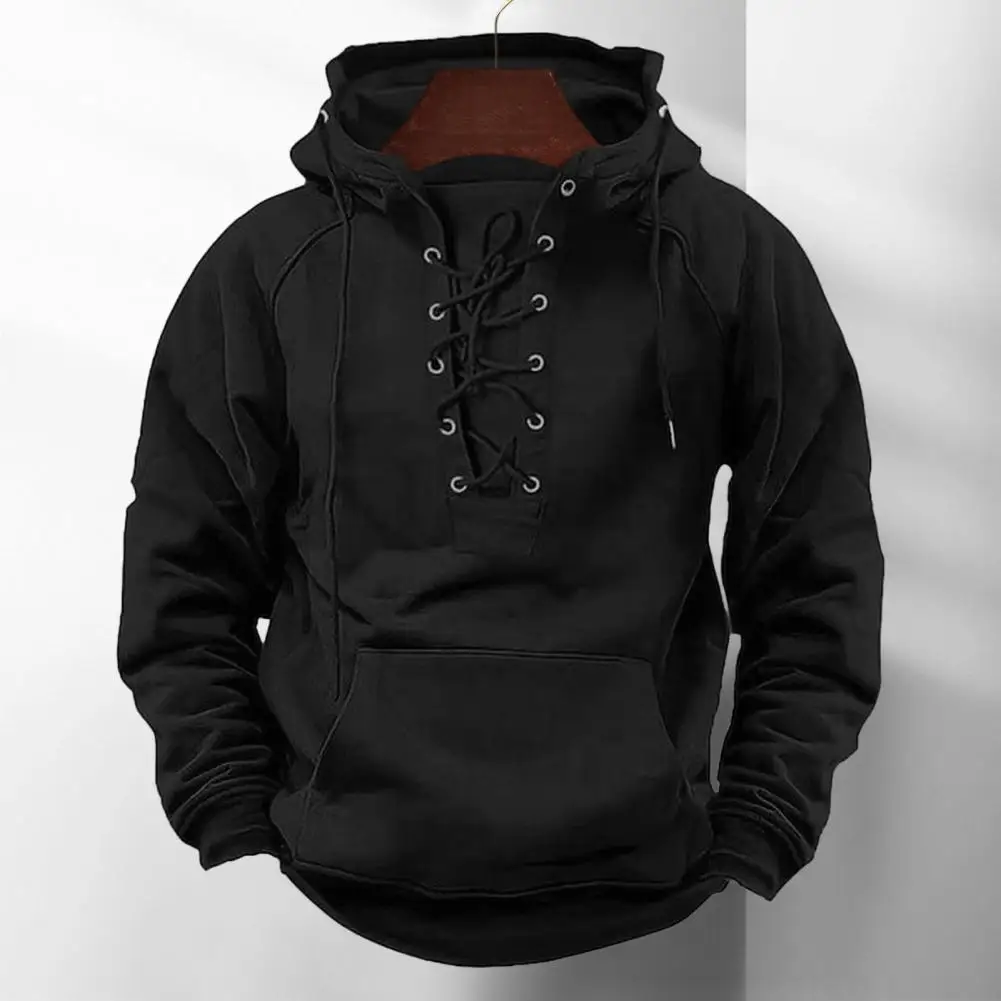 Men Fall Hoodie Retro Hop Men's Hoodie with Lace-up Strap Patch Pocket Warm Pullover with Elastic Cuff Mid Length Solid for Fall