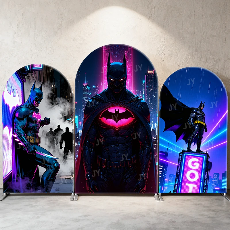 

Batman Neon Cyber Theme Arch Backdrop Cover Pink Purple Bat Symbol Cartoon Background For Kids Birthday Baby Shower Decoration