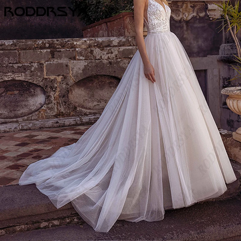 RODDRSYA-vestido De novia con tirantes finos para mujer, traje De novia Sexy con cuello en V, Espalda descubierta, línea A, tul, Playavestido De novia con tirantes finos para mujer, traje De novia Sexy con cuello en V,