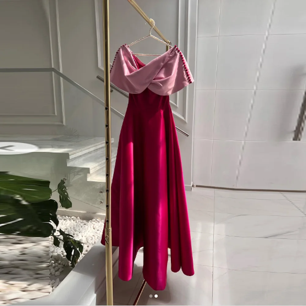 

Customized Off Shoulder Contrast Color Evening Dress Satin A-Line With Button Pleated Tea-Length Elegant Prom Party Dresses