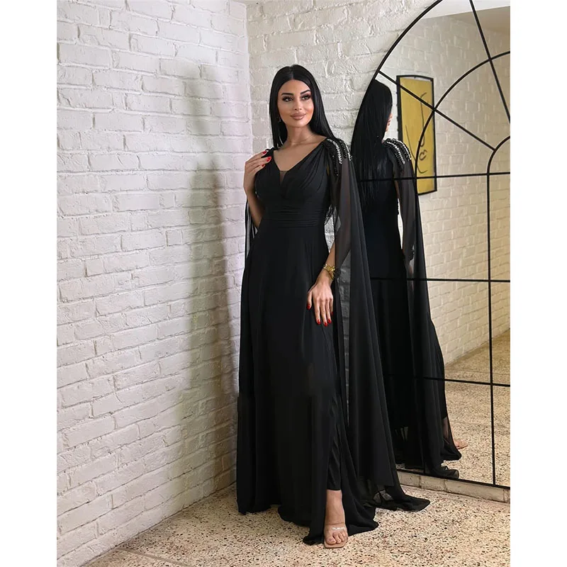 Black Fashion A-line Cape Beading Women Formal Evening Dresses Floor-Length Wedding Guest Prom Gowns for Birthday Party Dress