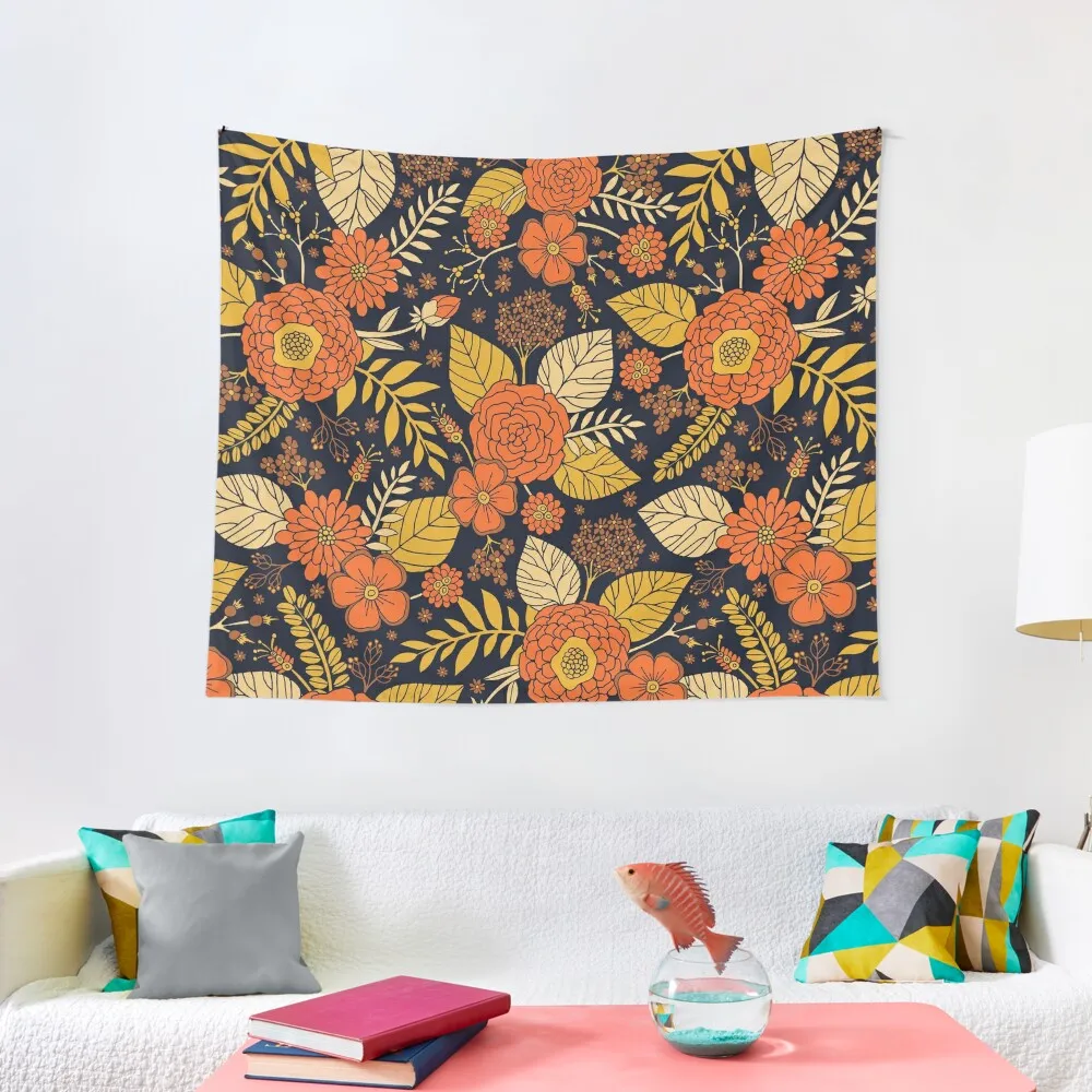 

Retro Orange, Yellow, Brown, & Navy Floral Pattern Tapestry Aesthetic Room Decoration Home And Comfort Decor Wall Decor Tapestry