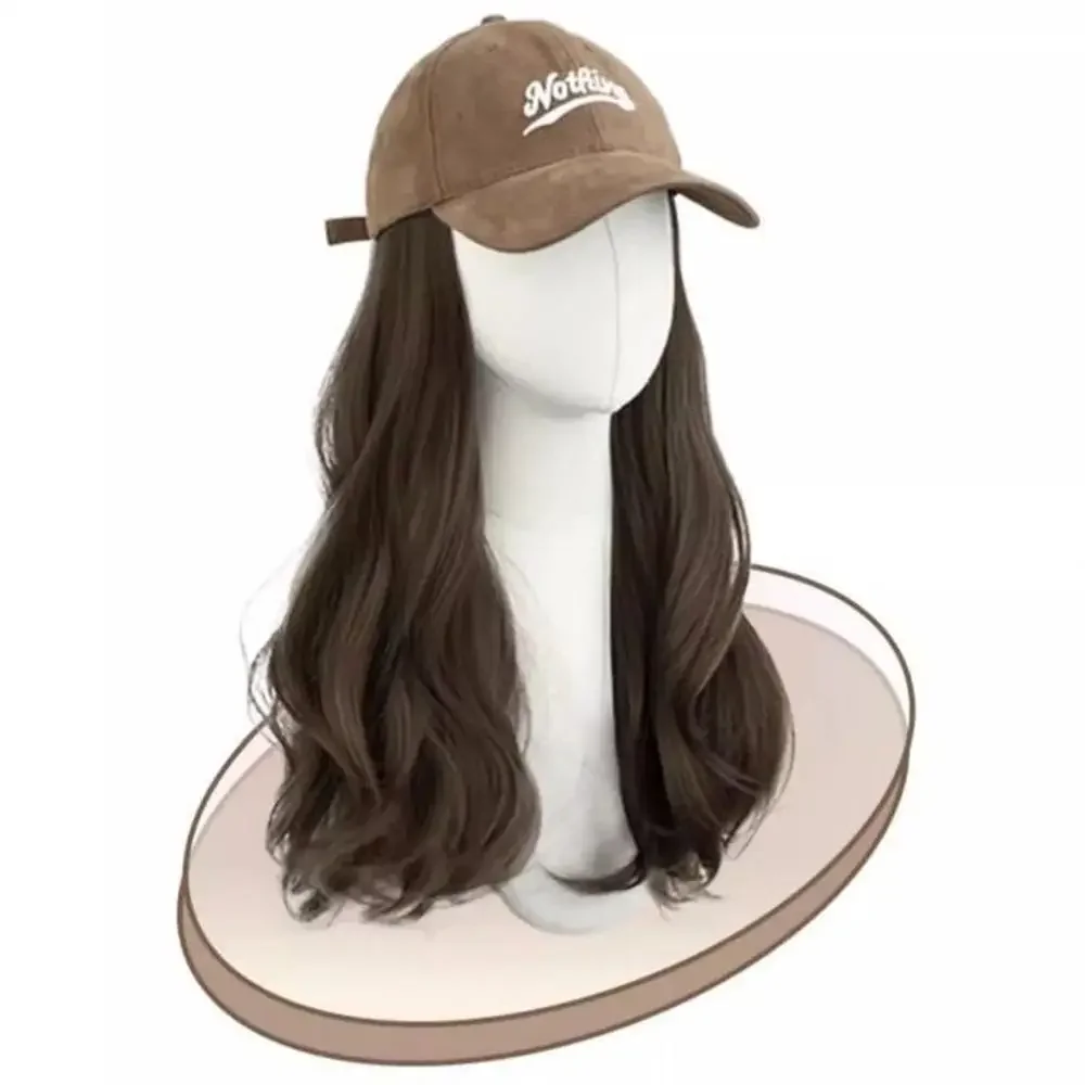 2024 Women Fashion Wigs 45cm One-piece Women Long Curly Hair Wig with Brown Baseball Cap