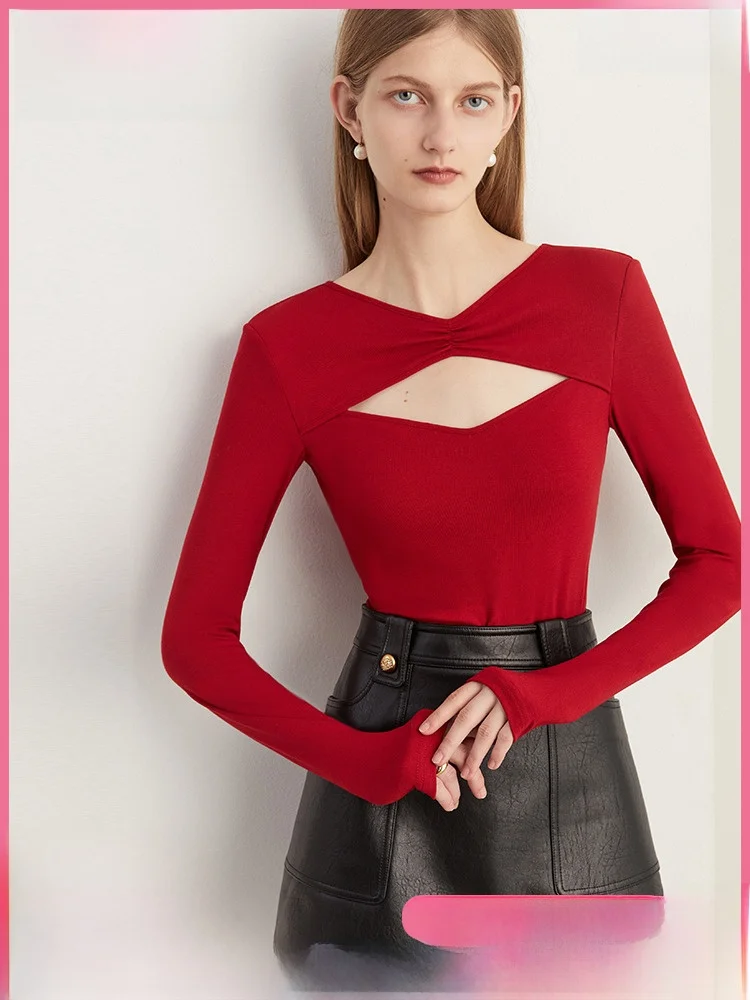 

Dplay Red Hollow out Elastic Slim Fit Base irt V-ne Long Sve Женская футболка 0 Prure Mask Small Top Base irt