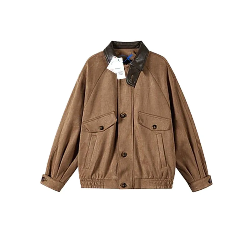 American Vintage Maillard Tooling Jacket Women's Autumn Loose Stand-Up Collar Suede Splicing Leather Jacket Hong Kong Style