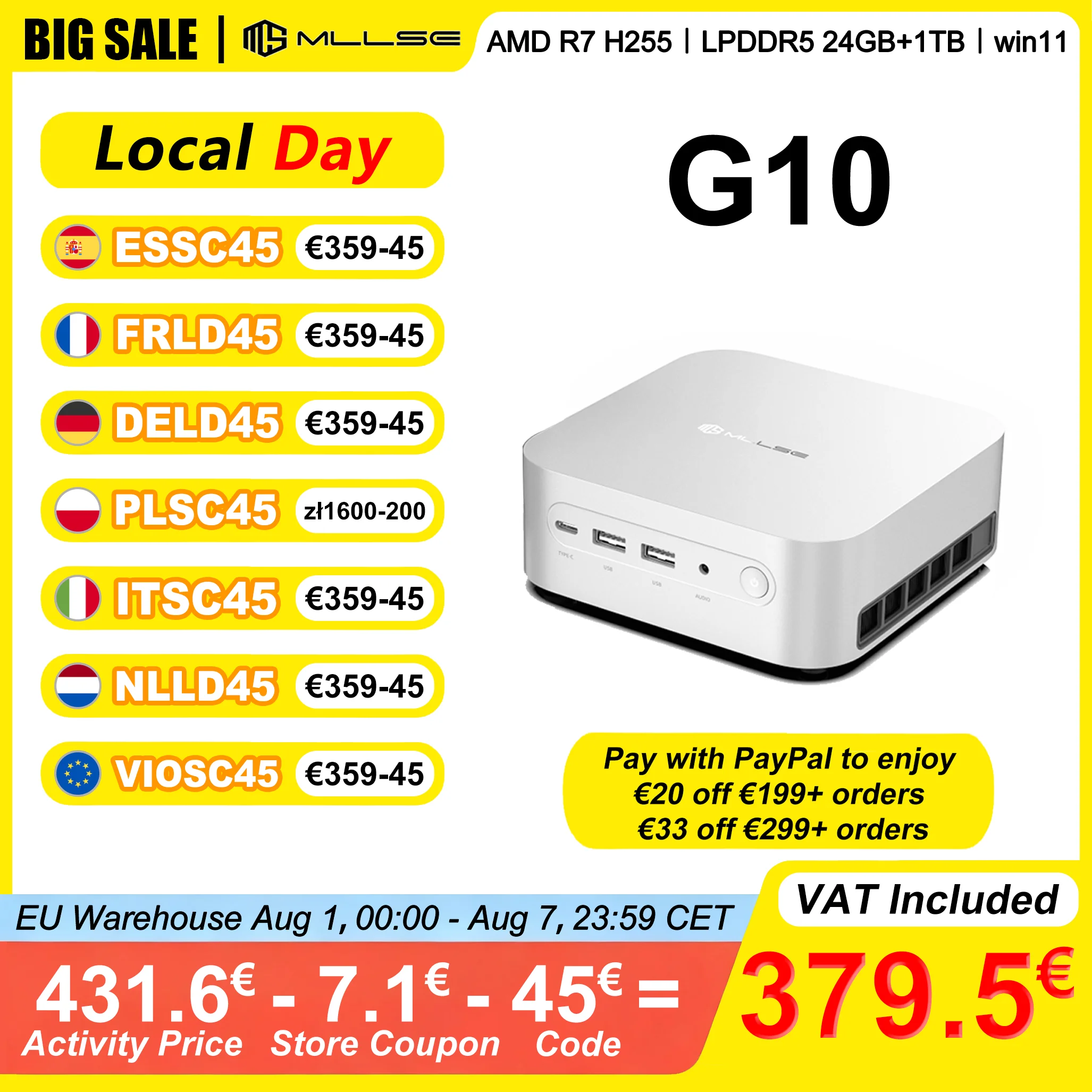 MLLSE G10 Mini PC AMD Ryzen 7 H255 24GB LPDDR5 RAM 1TB ROM Windows 11 AMD Radeon 780M HDMI DP Bluetooth 5.2 WiFi 6