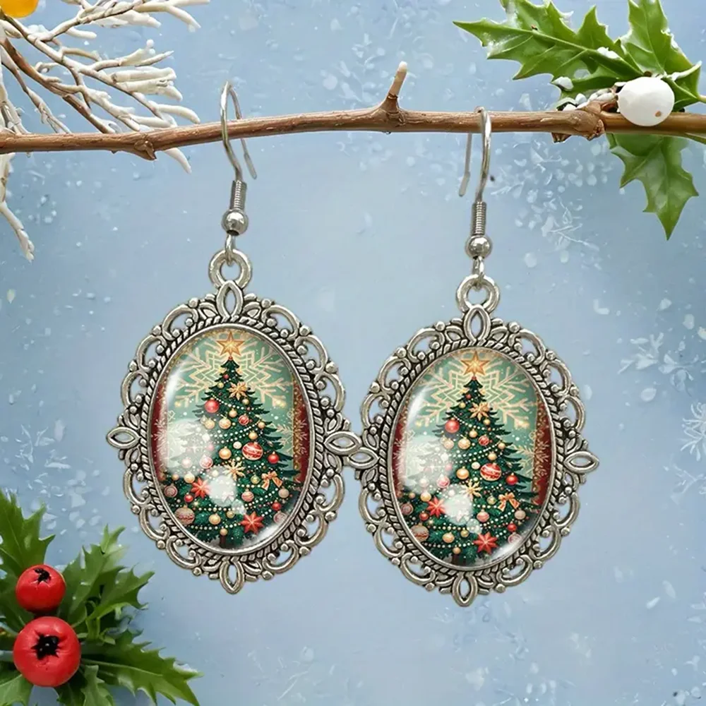 Weihnachtsbaum baumeln Ohrring süße Cartoon Katze oval Glas asymmetrische Ohrringe für Frauen Weihnachten Schmuck Geschenk