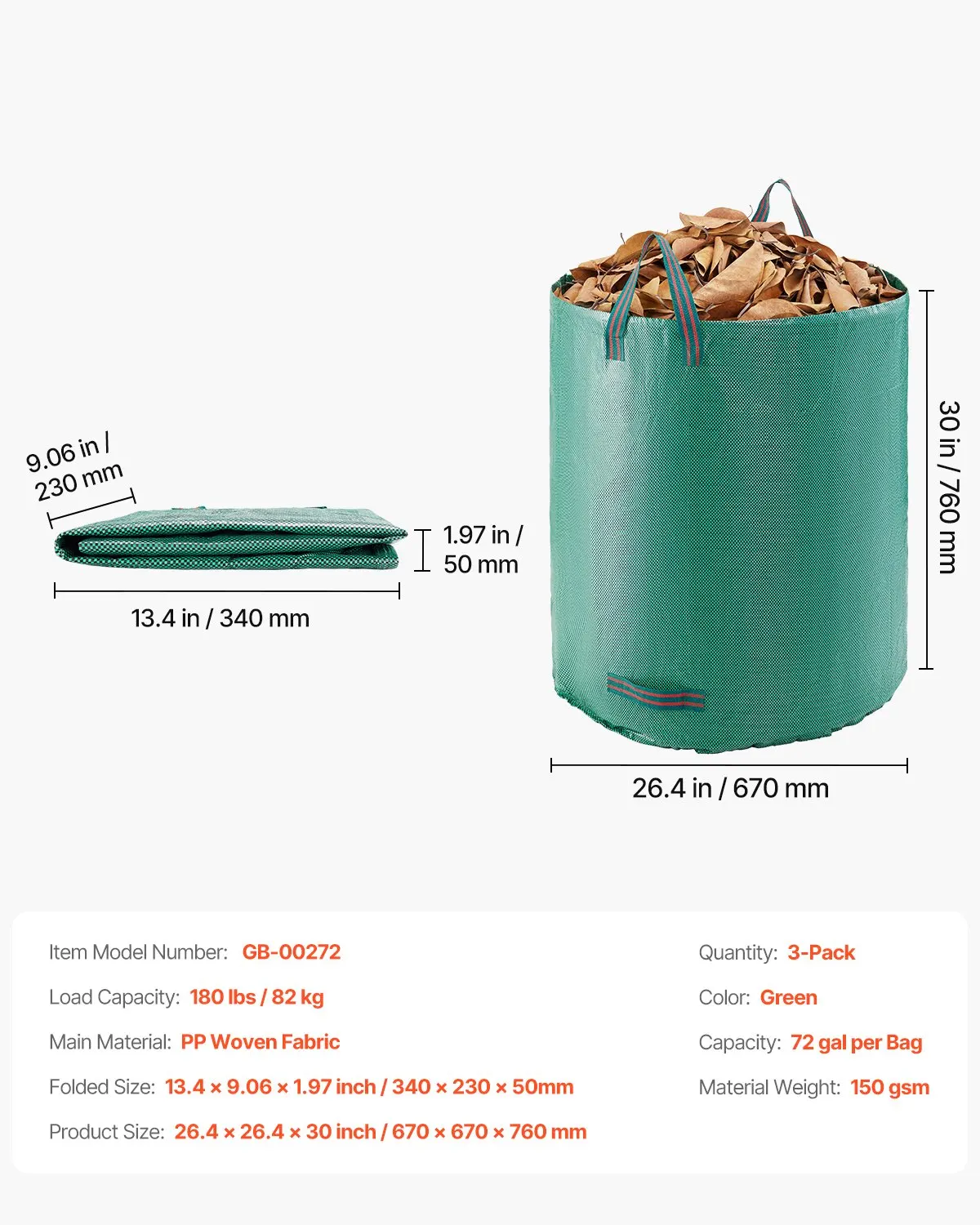 

Набор из 3 многоразовых мешков для садового мусора объемом 72 галлона, контейнер для листьев и отходов для сада и газона