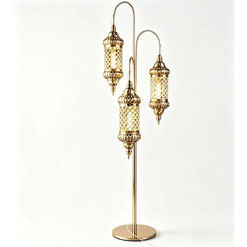Gold Triple Head Moroccan Metal Floor Lamp Vintage Hollow Lantern Standing Light Wedding Road Lead Lamp for Event Banquet