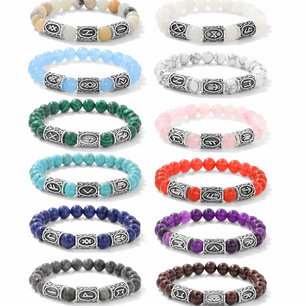 Viking Runes Natural Stone Elastic Handmade Beaded Bracelet For Men Women Couple Vintage Retro Jewelry Gift