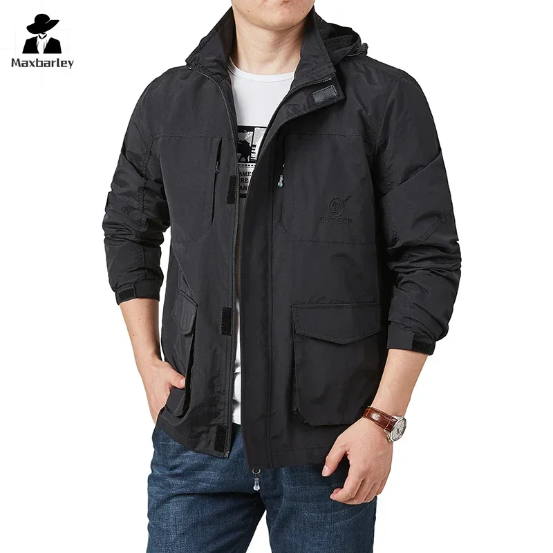 Techwear Windbreaker Men's Spring and Autumn Casual Thin Multi-Pocket Work Coat Outdoor Fishing Mountaineering Loose Hooded Coat