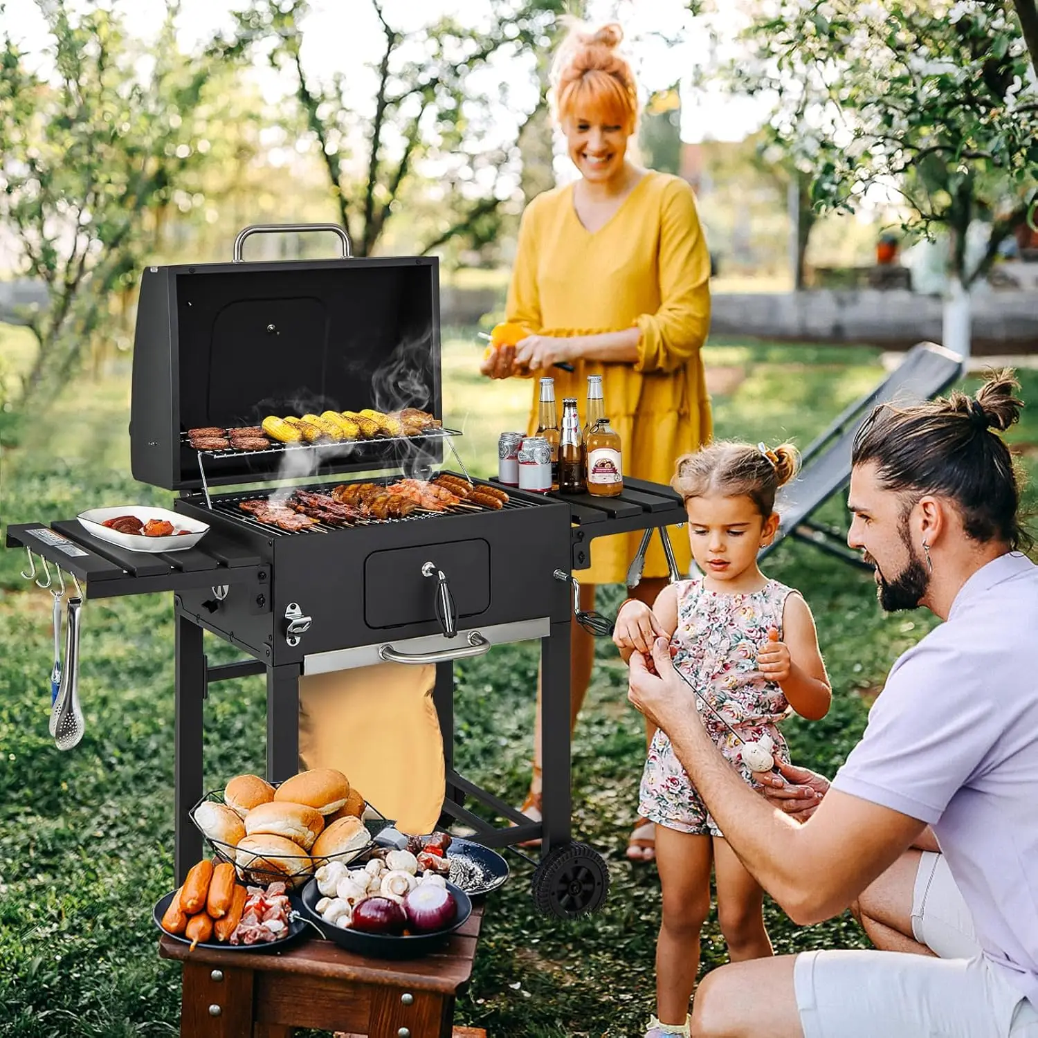 Charcoal Grill Outdoor BBQ Grill with 2 Foldable Side Tables,Hooks, Storage Shelf, 2 Wheels, Flame Control, Heavy Duty Cooking