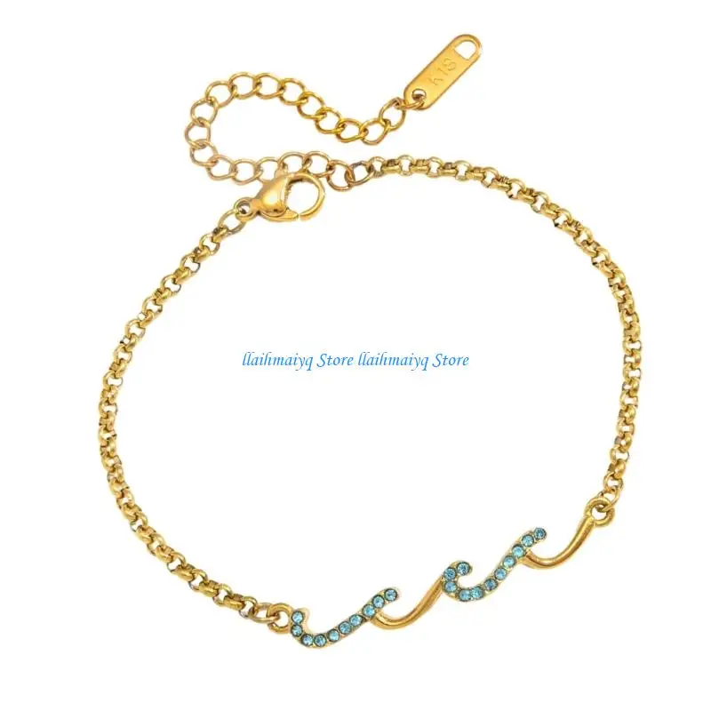 

573B Blue Sea Wavy Patterned Handmade Bracelet With Rhinestones Accent Fit Most Wrist Sizes For Versatile Styling