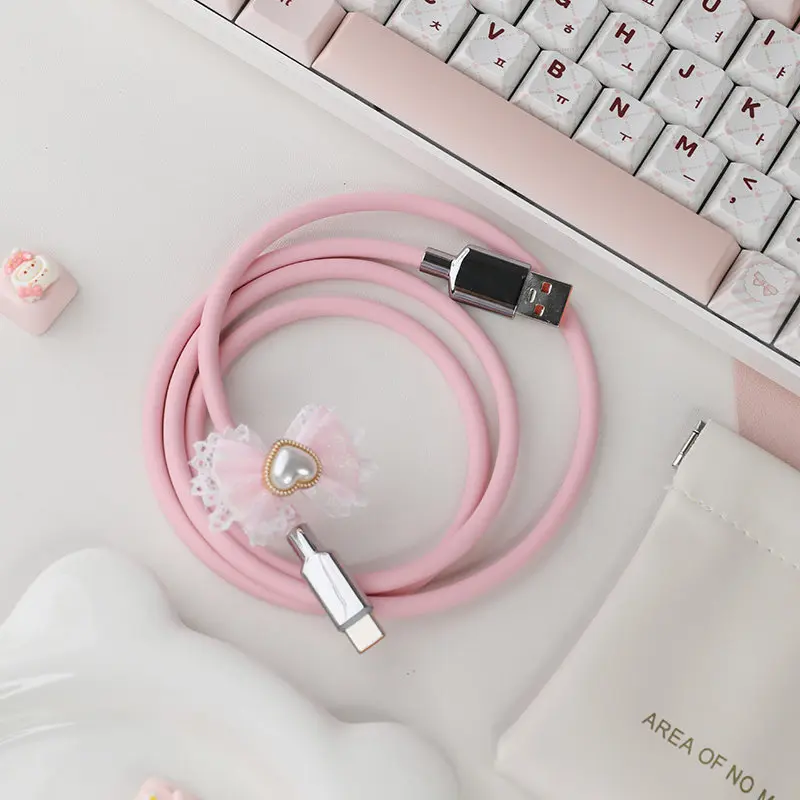 Customized Cute Pink Custom Coil Keyboard Cable Liquid Silicone Usb-c Pilot Cable Lace Bow Decoration Mechanical Keyboard Cable