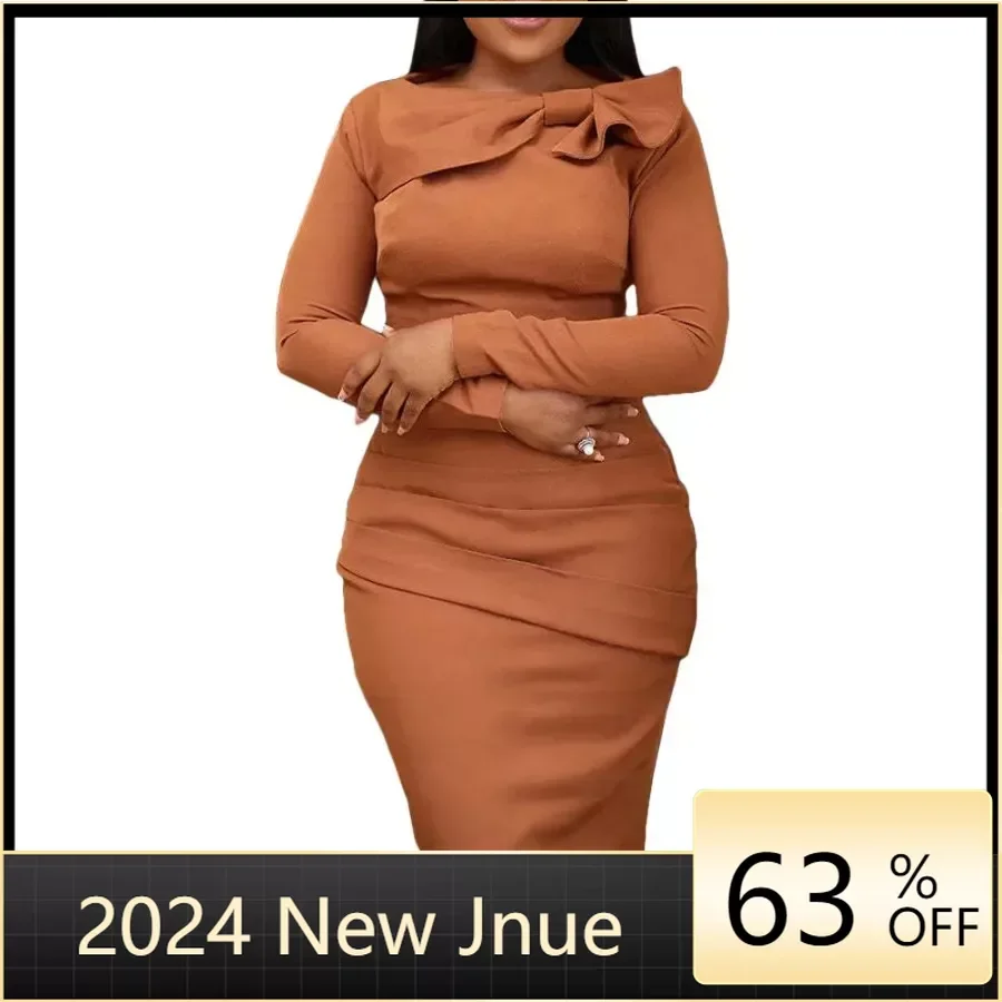 

Elegant Women Evening Dress Long Sleeve Bow Plus Size Winter Spring Clothing Casual Bodycon Midi Dress for Women 2024