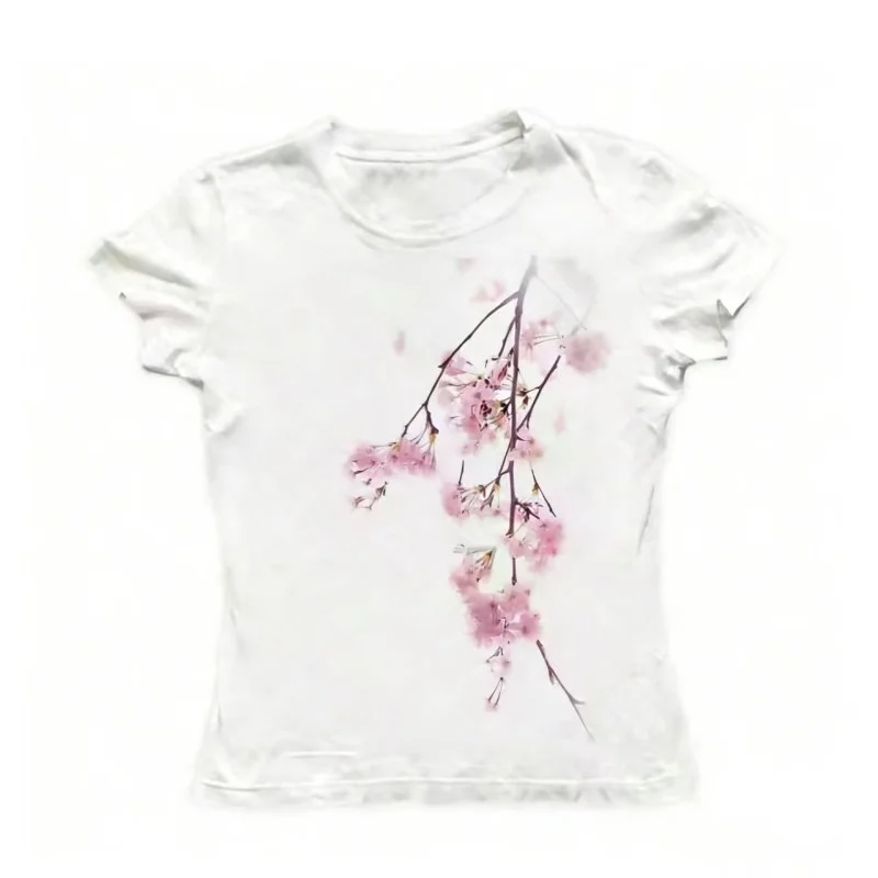 Floral Print T Shirt For Women Chinese Style Vintage Spring Summer Ropa De Mujer Black Y2k Slim Fit Versatile Short Tees